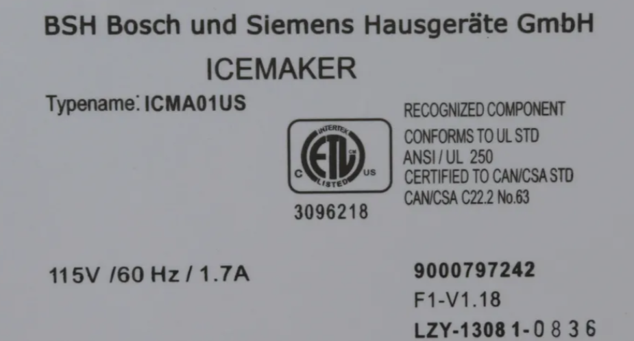 Bosch Ice Maker 9000797242, F1-V1.18, LZY-13081-0836 for Freezers with 2-Valve System