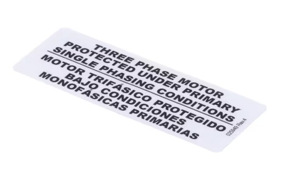 Fits Taylor 025949 REV. 4 Label/Decal, 3 Phase Motor Protected Under Single Phase Conditions, English/Spanish for C602, 490, 358