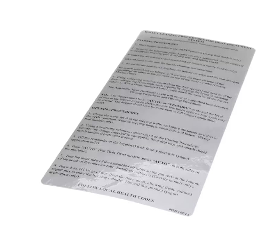 Fits Taylor 045273 REV 5 Dec., Daily Cleaning Procedures, for Heat Treatment System