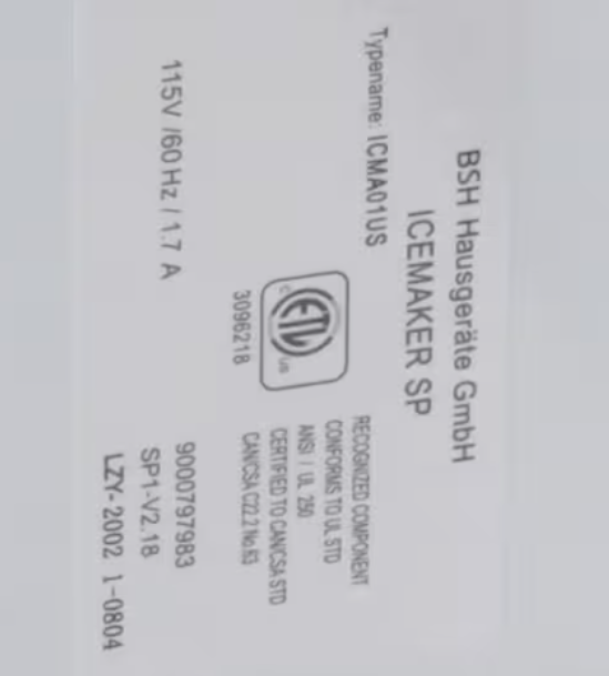 Bosch Ice Maker ICMA01US, 9000797983, SP1-V2.18, 115V, 60HZ, 1.7A OEM Part