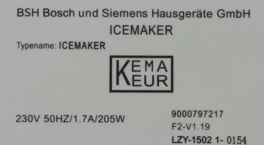 Bosch Ice Maker 9000797217, F2-V1.19, LZY-1502 1-0154 – 230V, 50Hz, 1.7A, 205W