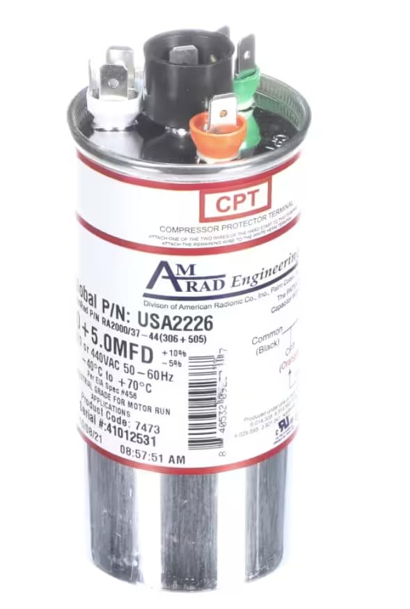 Fits Trane CCP110 Made in USA 7473 Serial #41012531 Capacitor, 370/440 Volt, 50/60HZ, 30+5.0MFD, Round