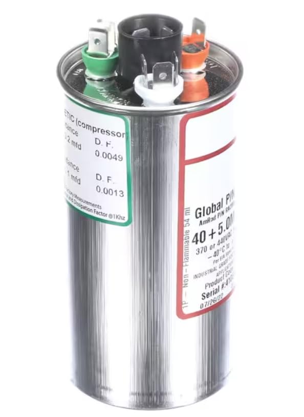 Fits Trane Hermetic (Compressor) Capacitance D.F. 0.0049 Fan 0.0013 Factory Measurements Capacitance and Dissipation Factor @1Khz M Capacitor, Run, 40 + 5MFD, 370/440VAC, 50/60HZ, Round