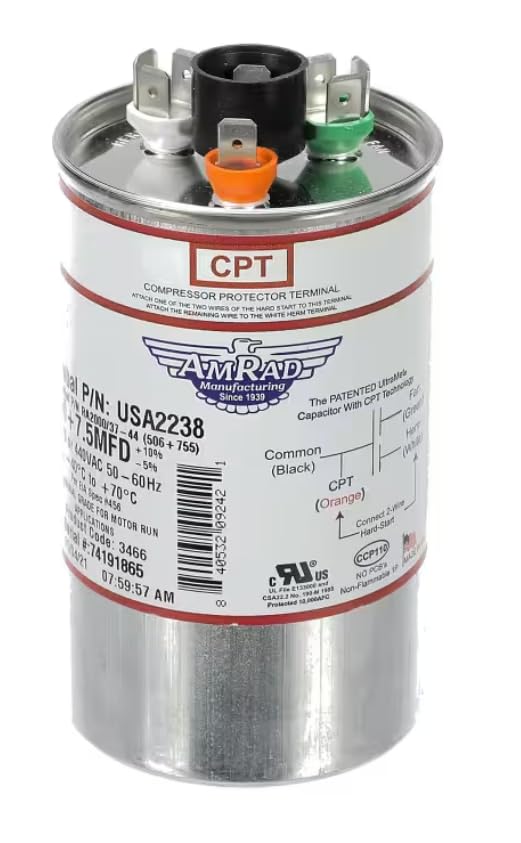Fits Trane CCP110 Made in USA USA2238 Serial #74191865 Capacitor, 370/440 Volt, 50/60HZ, 50+7.5MFD, Round