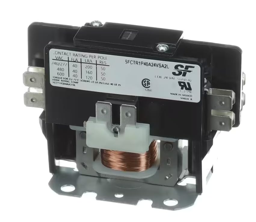Fits Trane Torque for CU /5°C: Screws 22 LB-in/LUGS 40 LB in Herm REFRIG COMP CSP 1260 SF (OI 24 VAC 50/60 Hz Cru®us F.27250 Made in Mexico M4824 R CONTACTOR; 1P 40A 24VAC / Screws A2L