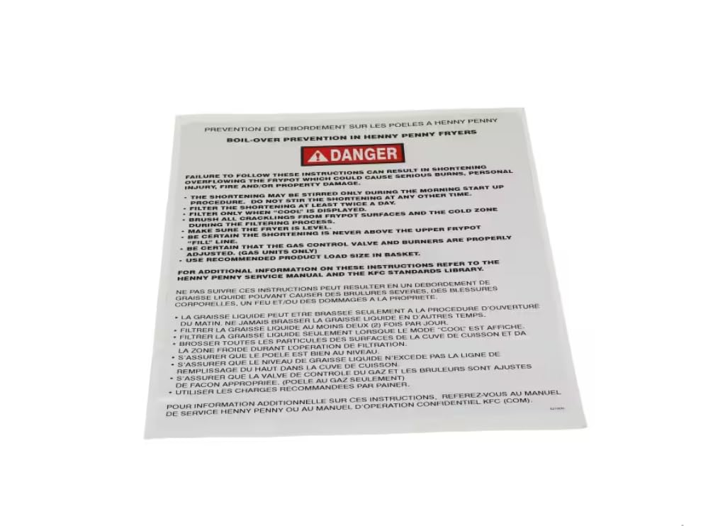 Fits Henny Penny 52190H Label, Boil Over Prevention, Bilingual