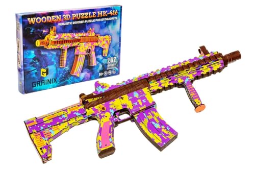 GRAINIX HK-416 Wooden 3D Gun Puzzle Kit – DIY Colorful Rubber Band Gun Model with 202 Details, Creative Wooden Model Building & Assembly Kit for Adults & Hobbyists